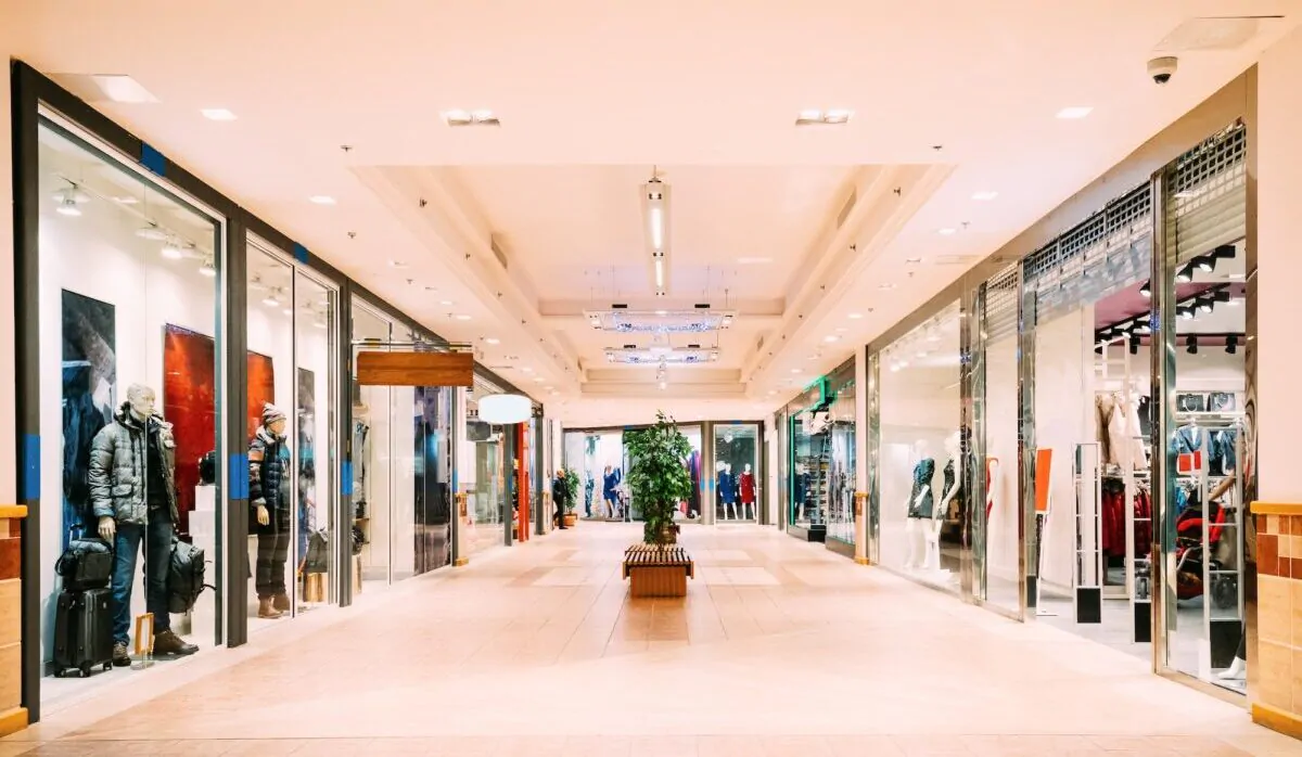 Shops with clothes at the modern shopping mall Shopping Centre