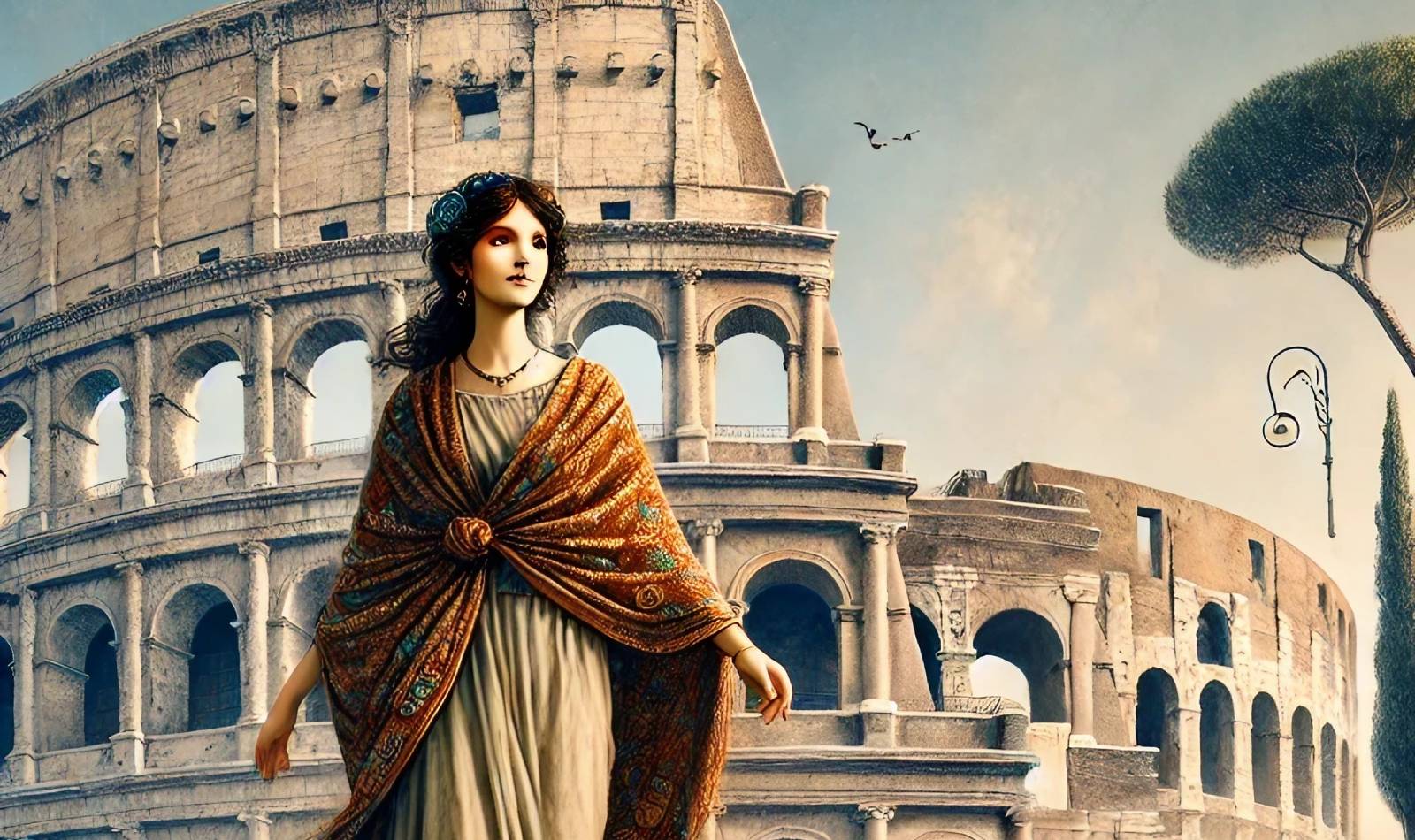 una visuale del colosseo con una donna che vi cammina davanti